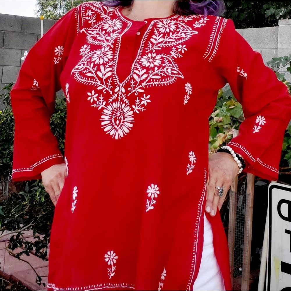 Hand Embroidered Boho Floral Red Tunic Small